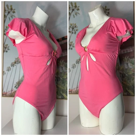 Trina Turk Pink Flutter Sleeve V-Neck One Piece Swimsuit Geranium Size 14 XL